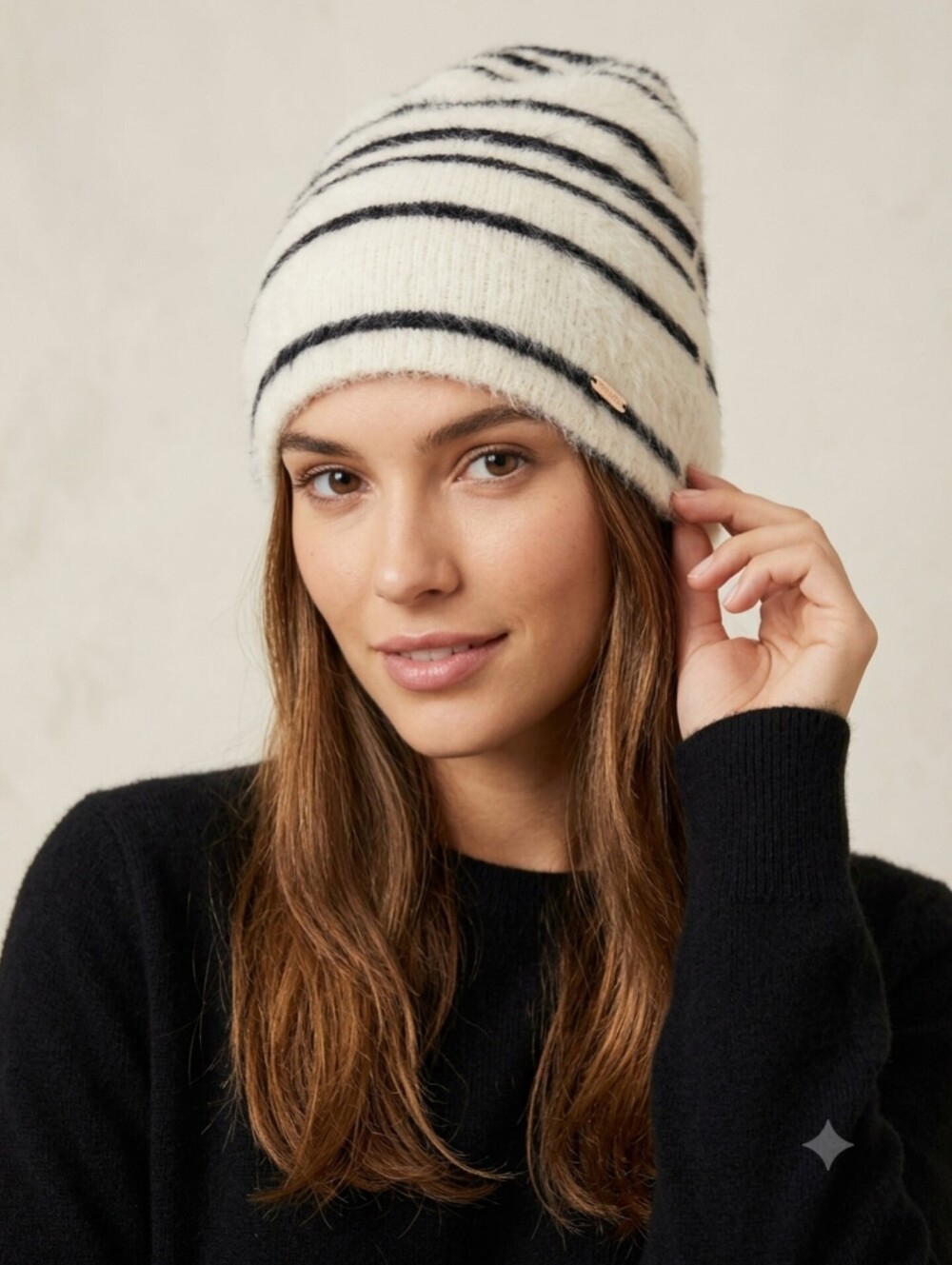 Free People Vintage Y2K Angora Blend Striped Beanie Off-White Black Fuzzy Hat